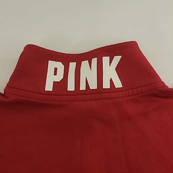 PINK VICTORIA'S SECRET Red Quarter Zip Sweatshirt Black Logo Down Arms -Size XS - Picture 9 of 14